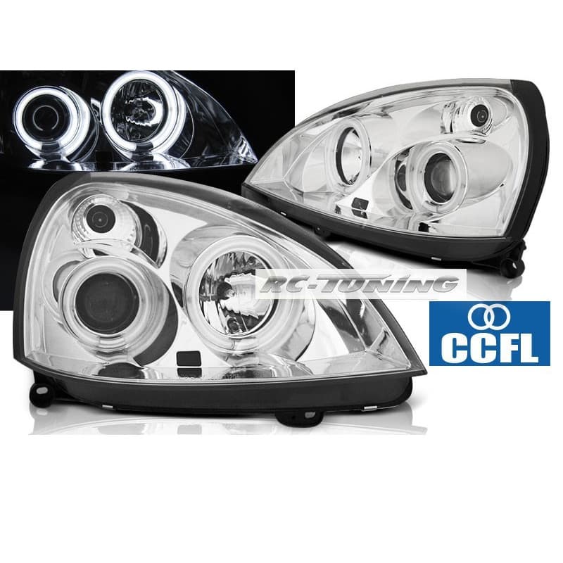 Phares Avant Angel Eyes CCFL chrome pour Renault Clio 2