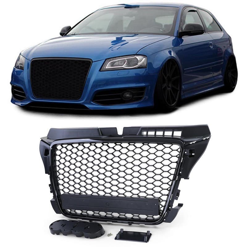 Calandre look sport pour Audi A3 8P 05-08, contour noir brillant avec supports pour plaque et logo