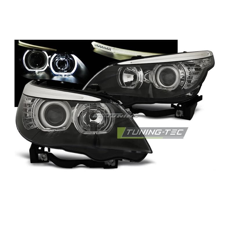 Phares Avant Angel Eyes BMW E60/E61 05-07 Noir H7/H7