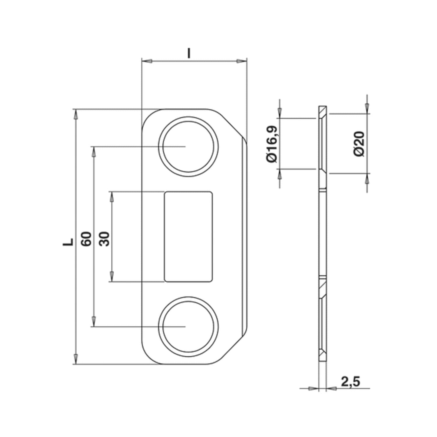Gâche réglable plate courte 360° 85 x 35 x 2,5 mm