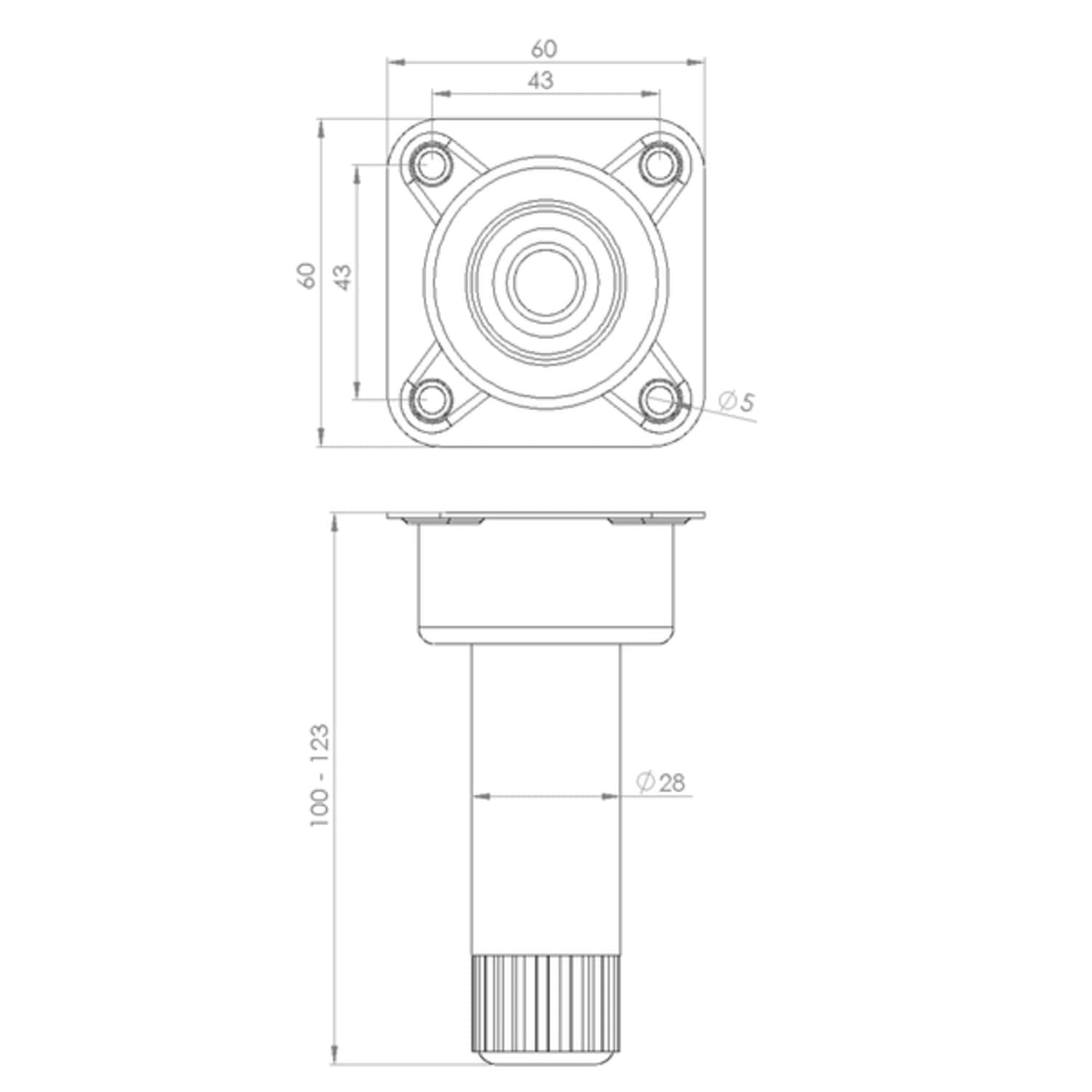 Pied de caisson rond Ø28 x H 100 mm - Acier zingué