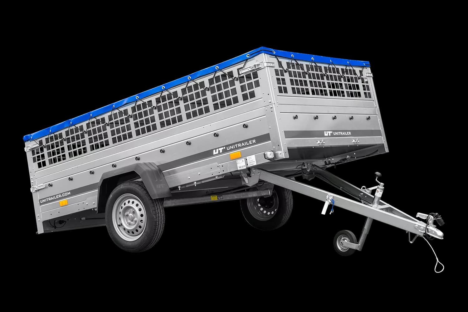 Remorque légère 264×150 UNITRAILER GARDEN 265 KIPP avec ridelles grillagées, châssis H-0 et bâche bleue