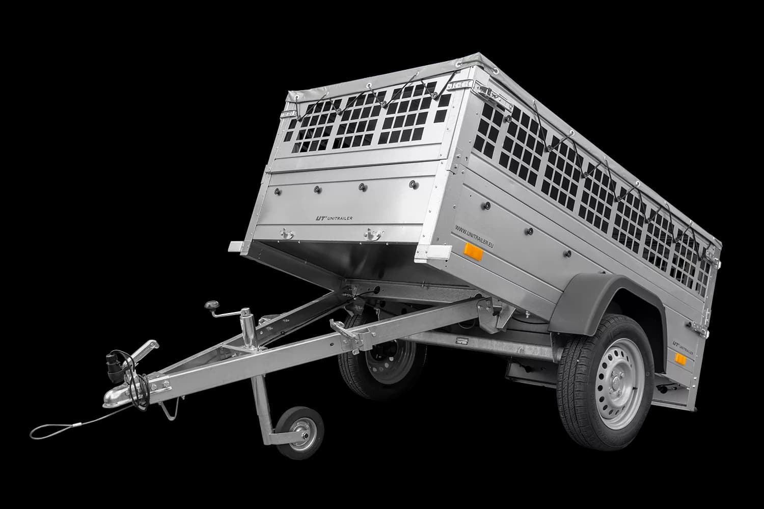 Remorque grillagée 200×106 avec bâche plate grise, ridelles grillagées et roue jockey – Garden Trailer 200 KIPP