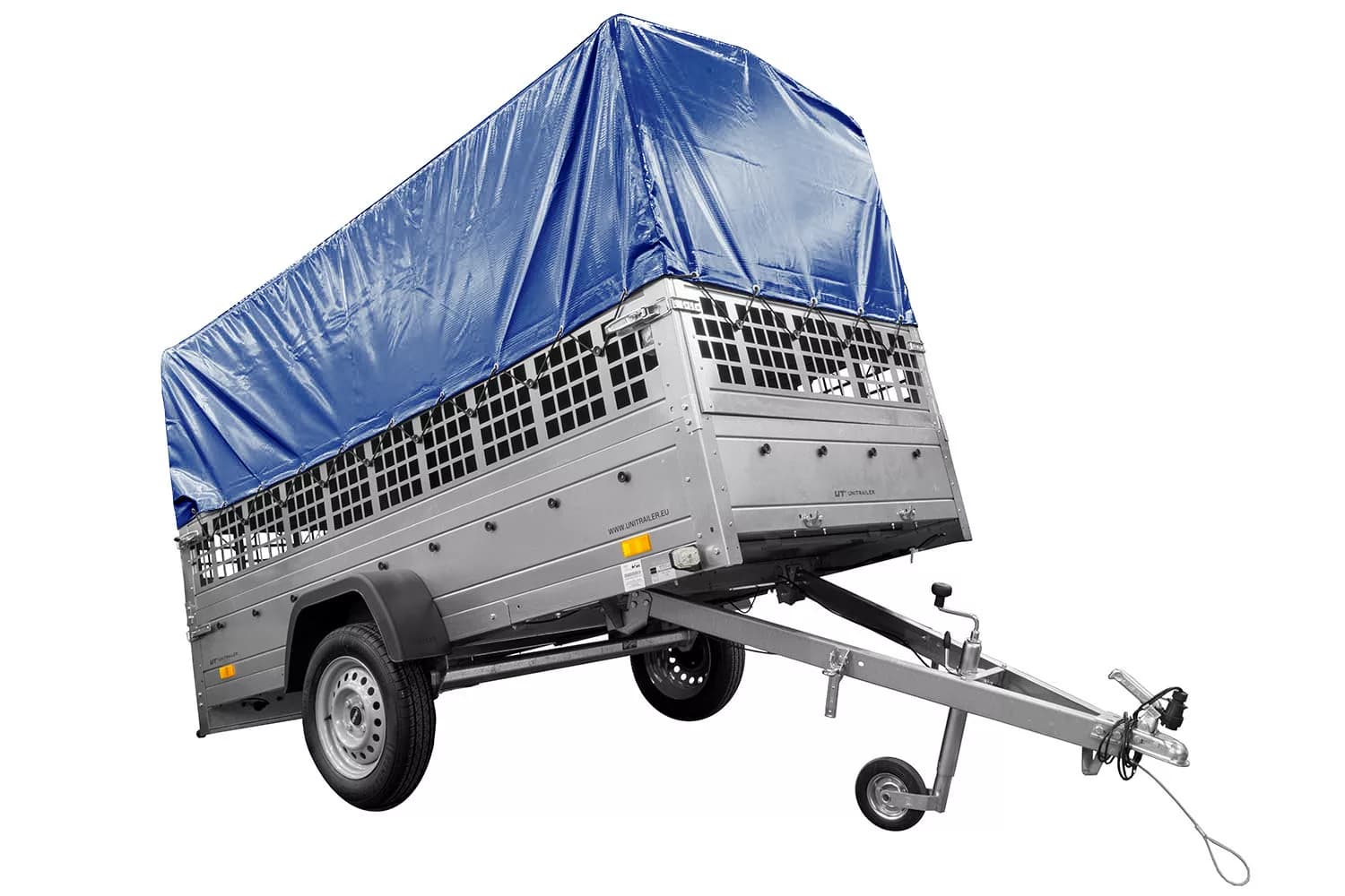 REMORQUE DE JARDIN 264 KIPP AVEC ROUE JOCKEY, RIDELLES GRILLÉES, CHÂSSIS H-800 ET BÂCHE BLEUE