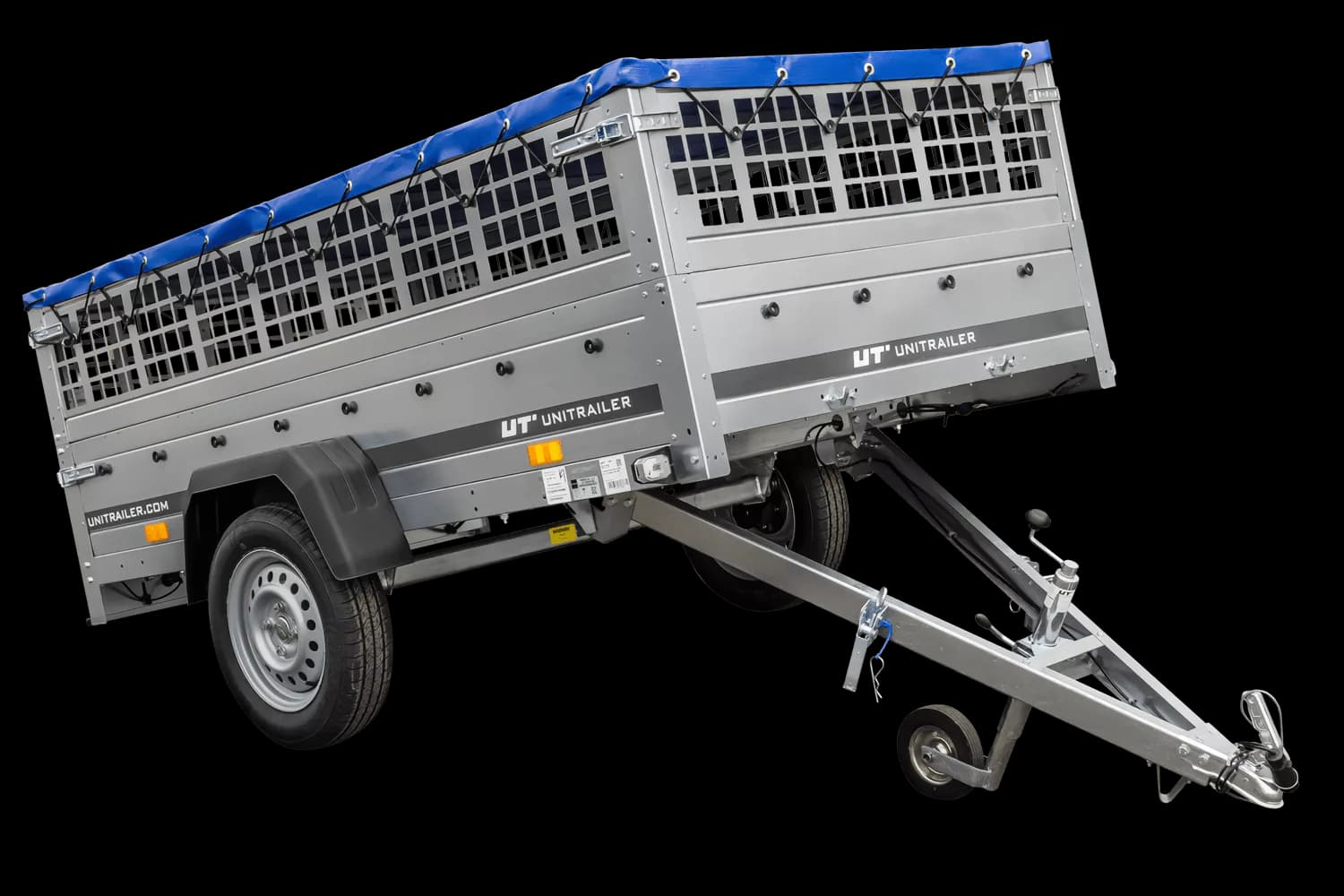 Remorque sans frein 230×125 avec bâche plate bleue, ridelles grillagées et roue jockey – Garden Trailer 230 KIPP
