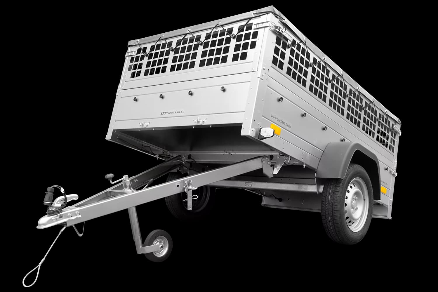 Remorque voiture utilitaire 200×125 avec bâche plate, ridelles grillagées et roue jockey – Garden Trailer 201 KIPP