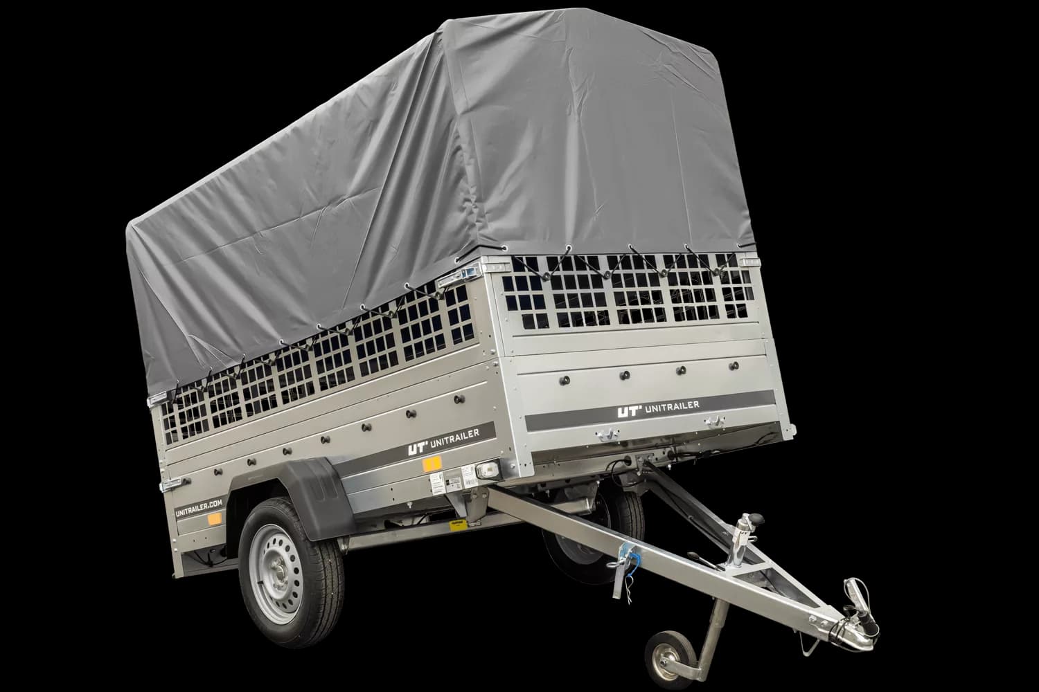 Grande remorque 230×125 avec bâche haute grise, ridelles grillagées et roue jockey – Garden Trailer 230 KIPP