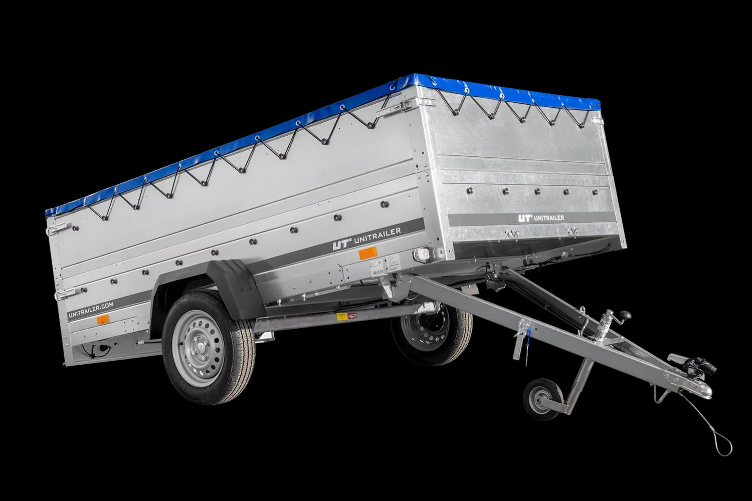 Remorque à essieu simple 264×150 UNITRAILER GARDEN 265 KIPP avec ridelles BIS, châssis H-0 et bâche bleue
