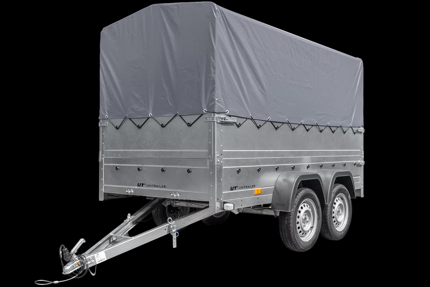 Remorque voiture 2 essieux UNITRAILER GARDEN TRAILER 264/2 KIPP avec roue jockey, côtés ridelles supplémentaires, châssis h-800 et bâche grise