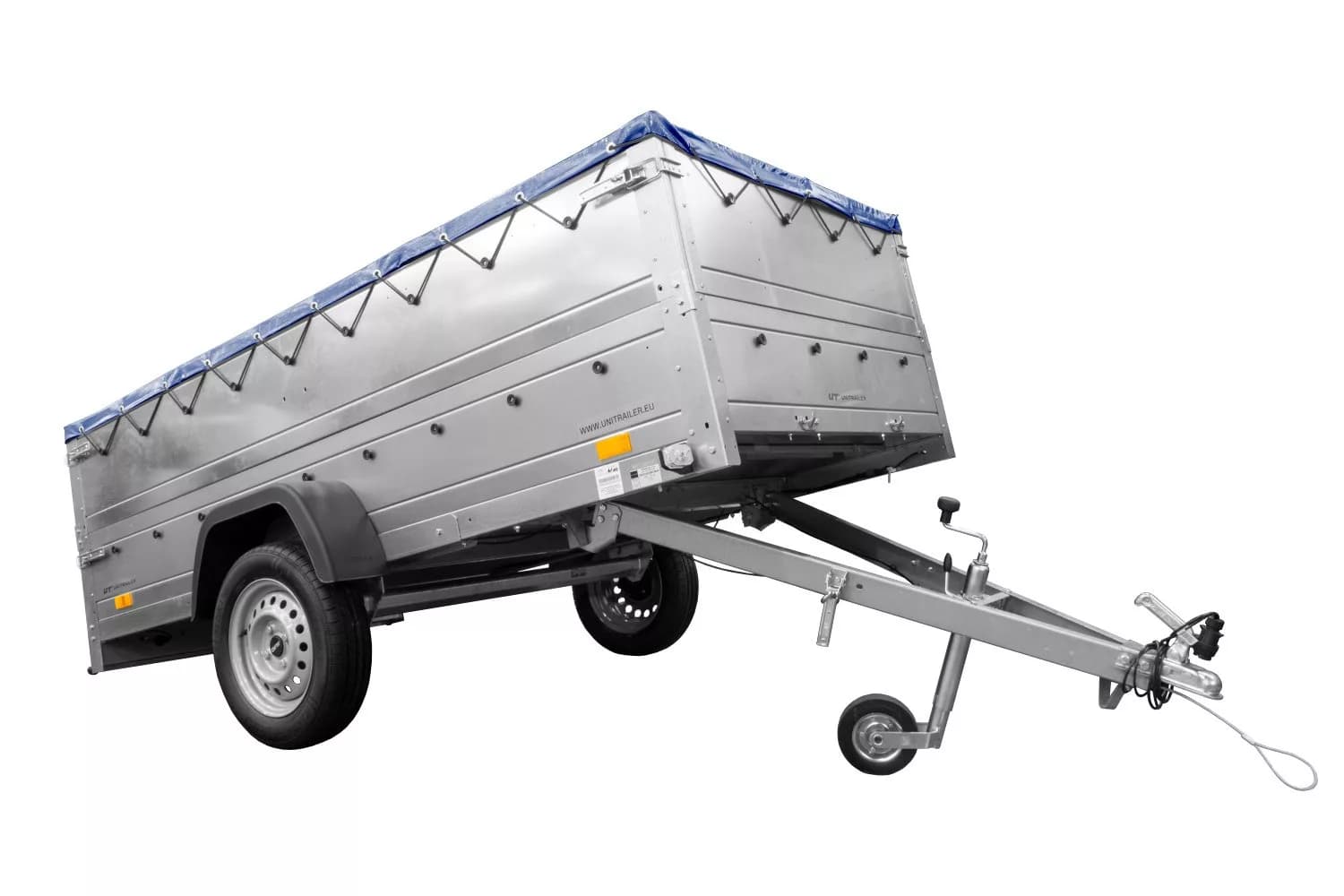 Remorque simple essieu Unitrailer GARDEN TRAILER 264 KIPP avec rehausses de ridelles et bâche plate bleue