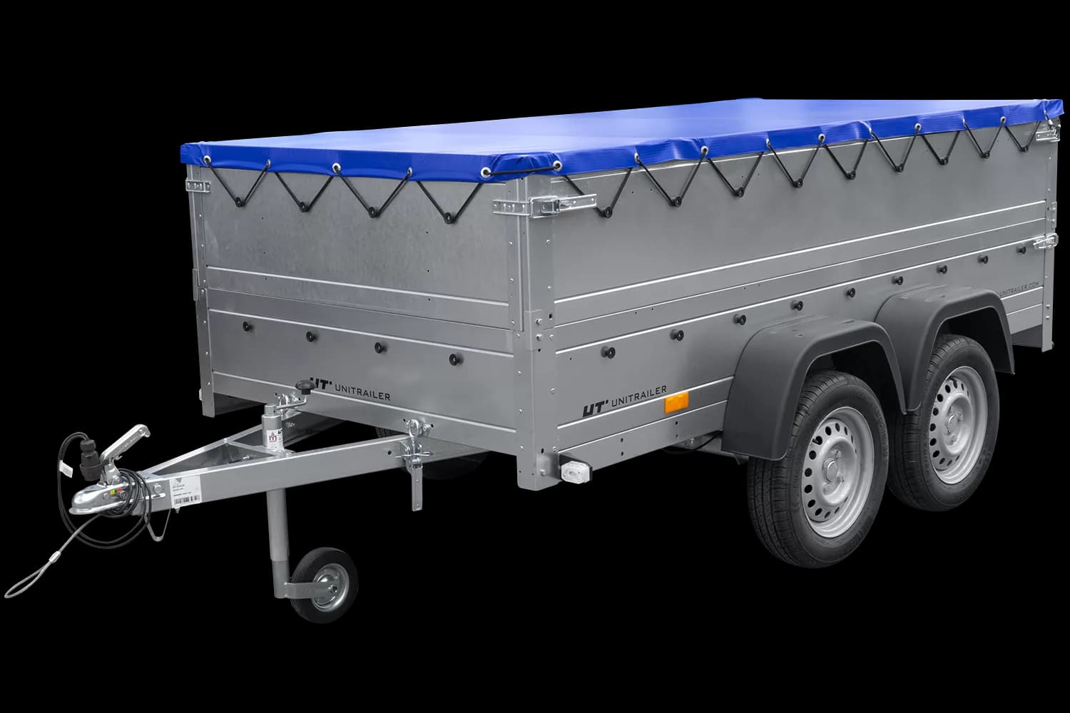 Remorque double essieux Garden Trailer 264/2 KIPP avec roue jockey, rehausses de ridelles et bâche plate bleue