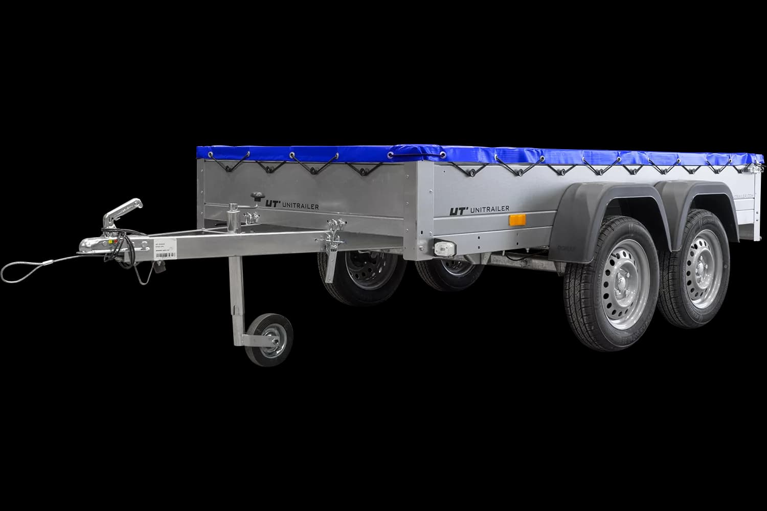 UNITRAILER 264/2 KIPP AVEC ROUE JOCKEY, TIGES DE SUPPORT ET BÂCHE PLATE BLEUE