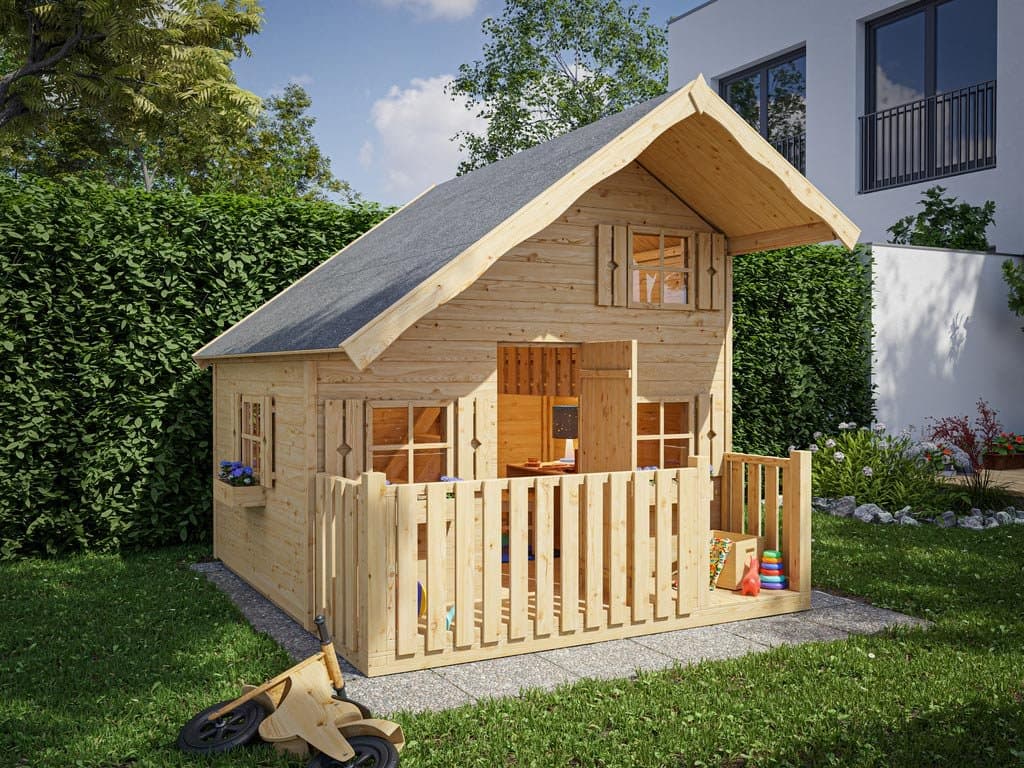 Spielhaus Kinderspielhaus Tom L 15 mm naturbelassen mit Veranda