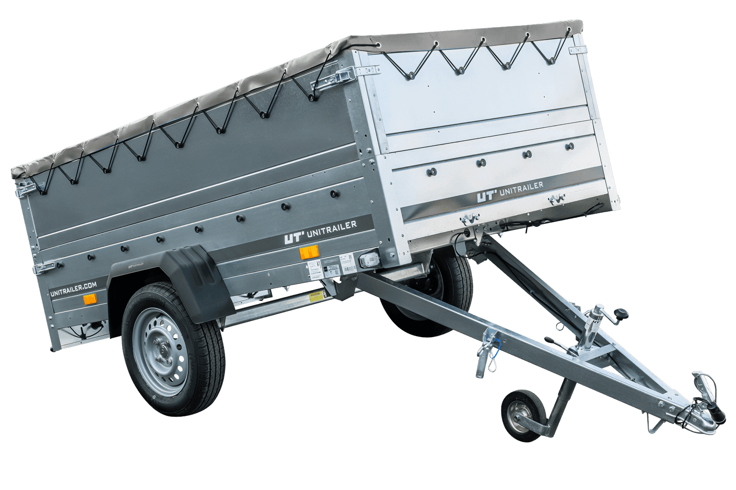 Rimorchio leggero Garden Trailer 230 kipp con ruotino sovrasponde e telone grigio