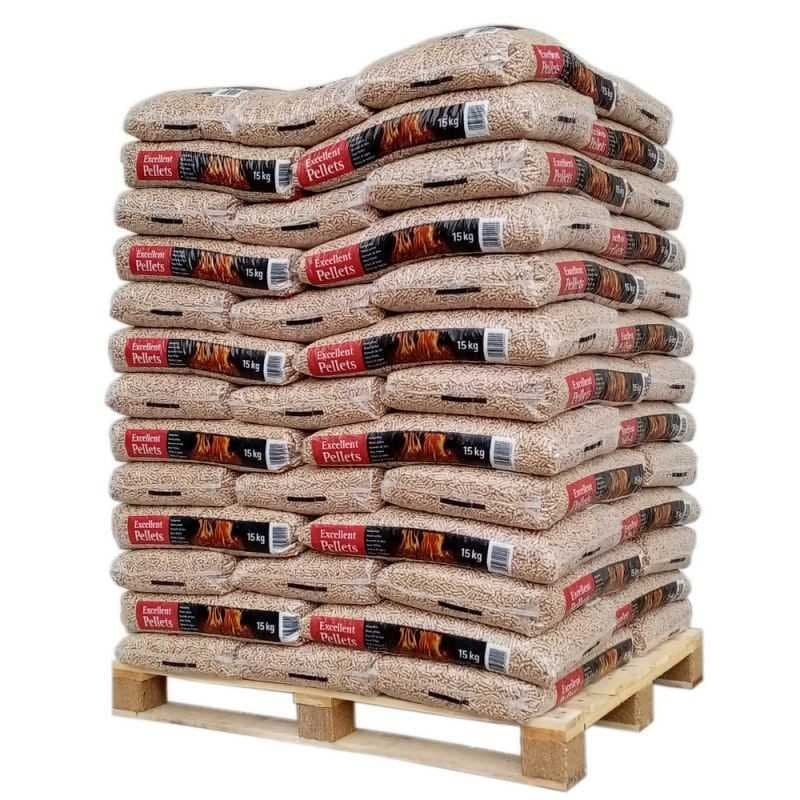 Palette Holzpellets Excellent, zertifiziert nach DIN Plus und EN Plus A1 – 65 Säcke à 15 kg
