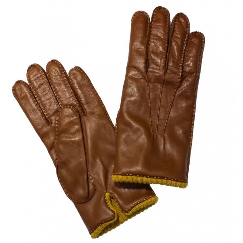 Gants en cuir marron clair doublés cachemire jaune MEROLA - M/8.5