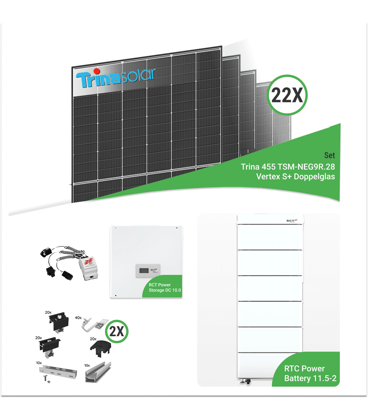 10,01 kWp PV-Komplettset mit 22x Trina TSM-NEG9R.28 Vertex S+ 455 W Doppelglas-Module & RCT Power Storage 10.0 & RCT Power Battery 11.5-2 Speicher – i