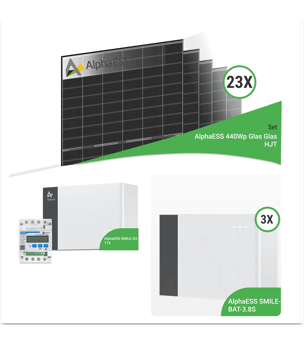 10,12 kWp PV-Komplettset mit 23x AlphaESS 440 W Glas-Glas HJT & AlphaESS SMILE-G3-T10 mit 10,95 kWh Speicher