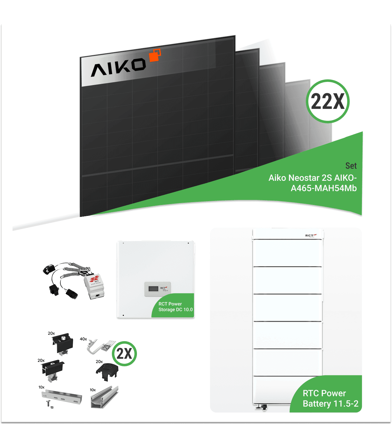 10,23 kWp PV-Komplettset mit 22x Aiko 465 W Modulen & RCT Power Speicher – inkl. K2 Unterkonstruktion für Ziegeldächer