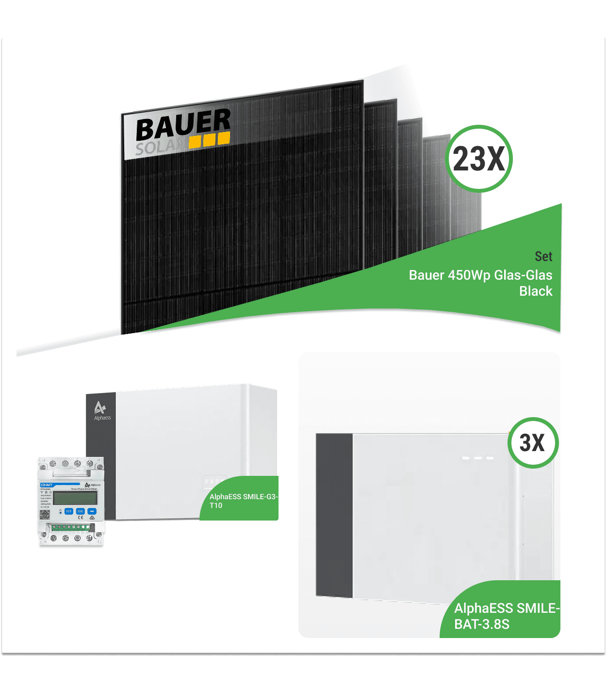 10,35 kWp Photovoltaik-Komplettset mit 23x Bauer 450 Wp bifaziale Glas-Glas Full Black Module und Alpha ESS SMILE-G3-T10 mit 10,95 kWh Speicher
