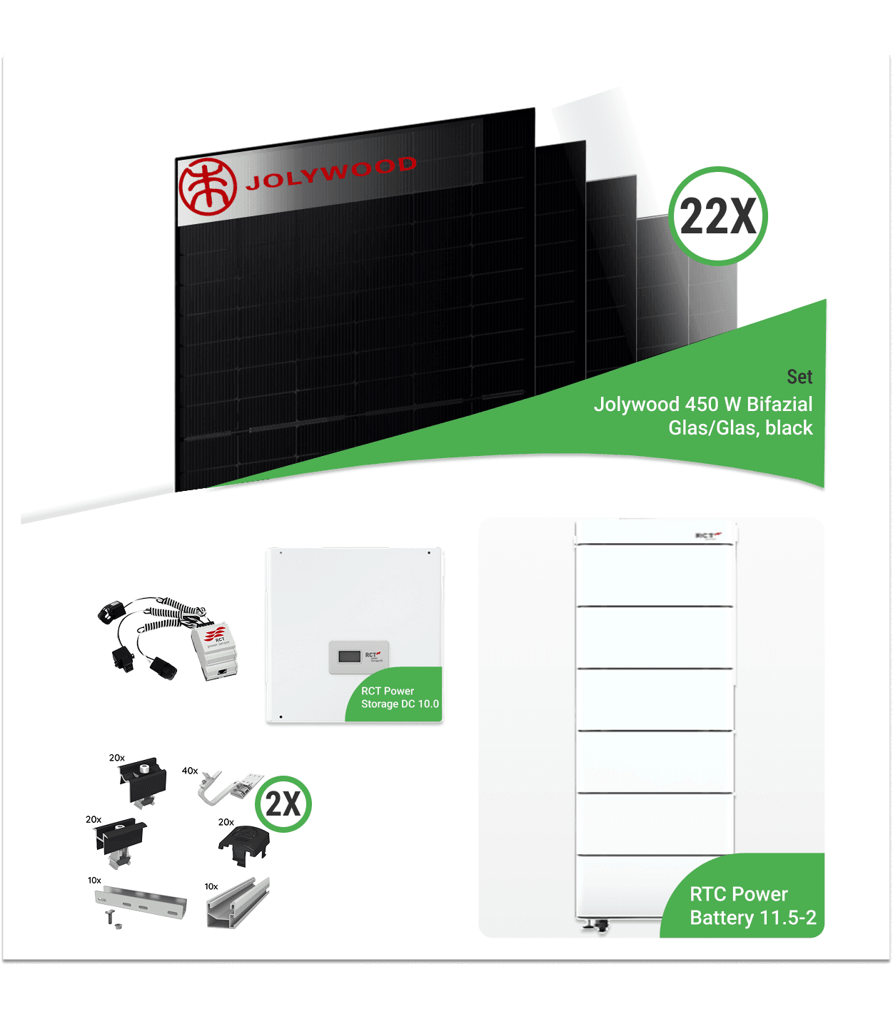 9,90 kWp PV-Komplettset mit 22x Jolywood 450 W Niwa Black R3 Bifazial Glas/Glas & RCT Speicher – inkl. K2 Unterkonstruktion für Ziegeldächer