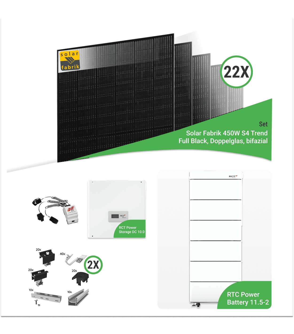 9,90 kWp PV-Komplettset mit 22x Solar Fabrik 450 W S4 Trend bifaziale Full Black Doppelglas-Module & RCT DC 10.0 & 11.5-2 Speicher – inkl. K2 Unterkon