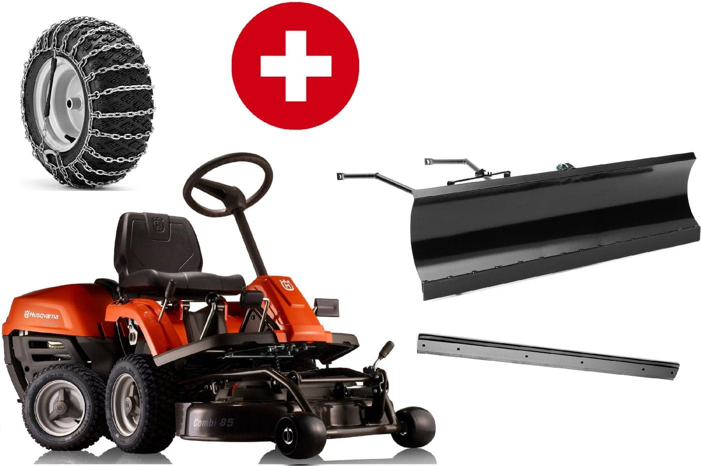 Husqvarna Frontmäher R 112C5 mit Mähdeck Combi 85 – Winterpaket mit Schneeschild, Gummileiste und Schneeketten – Modell 2025-Neu