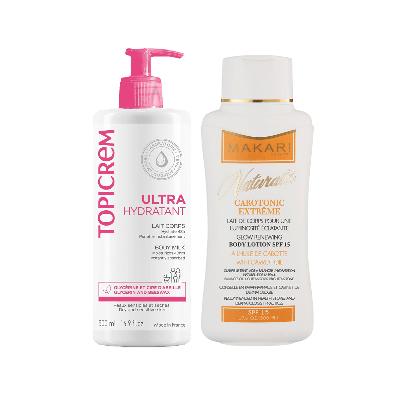 Duo lait éclaircissant et un lait ultra hydratant 2*500ML-Makari-Topicrem