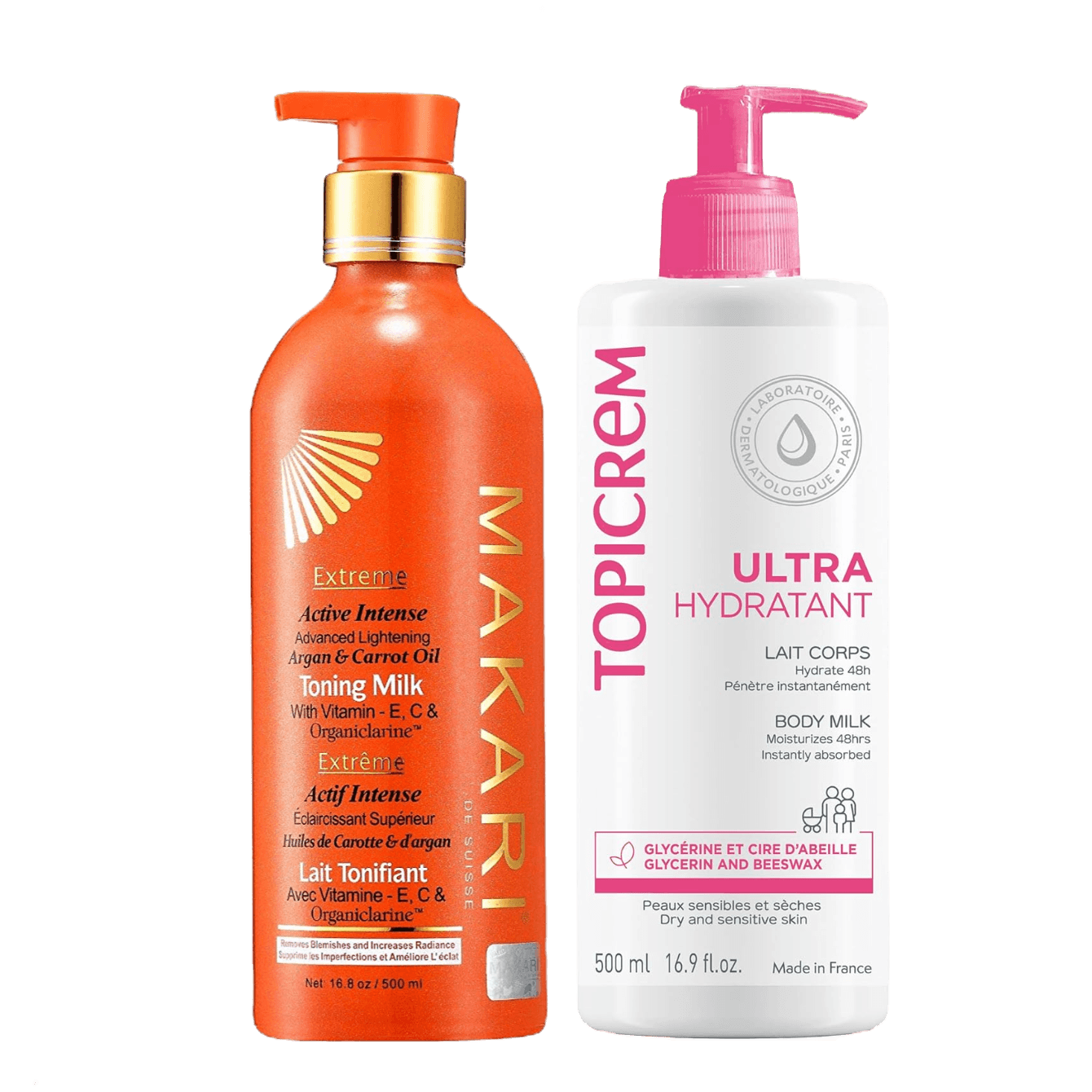 Duo lait éclaircissant et un lait ultra hydratant 2*500ML-Makari-Topicrem