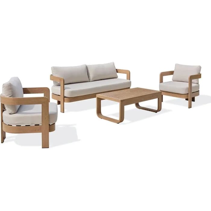 Salon bas de jardin - Ecru - Aluminium imitation bois - 5 places - Davao