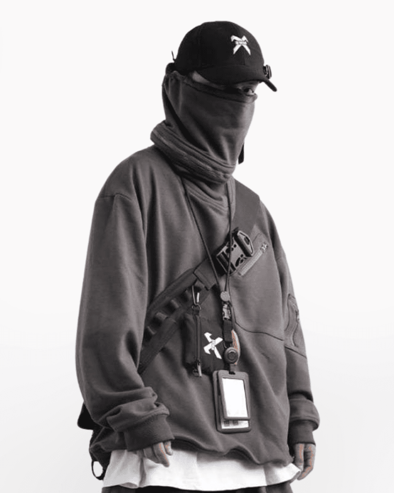 Techwear Kapuzenpulli mit hohem Kragen