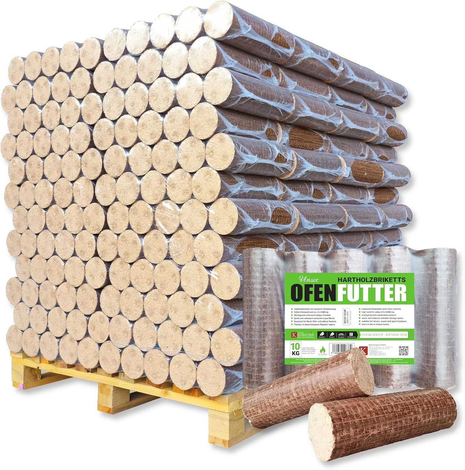 Energie Kienbacher Premium Nestro Hartholz-Briketts – Buche und/oder Eiche, runde Öko-Briketts ohne Zugloch (400 kg bis 1000 kg Großgebinde) - 500 kg