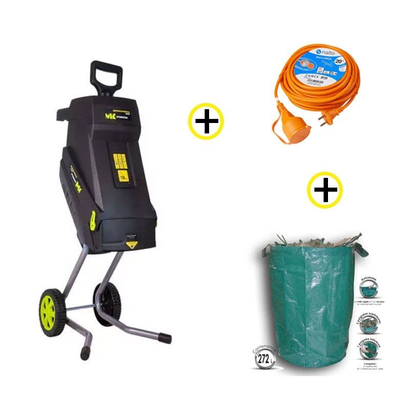 Pack Broyeur Electrique 2400w + Rallonge 20m + Sac de Jardin 272l