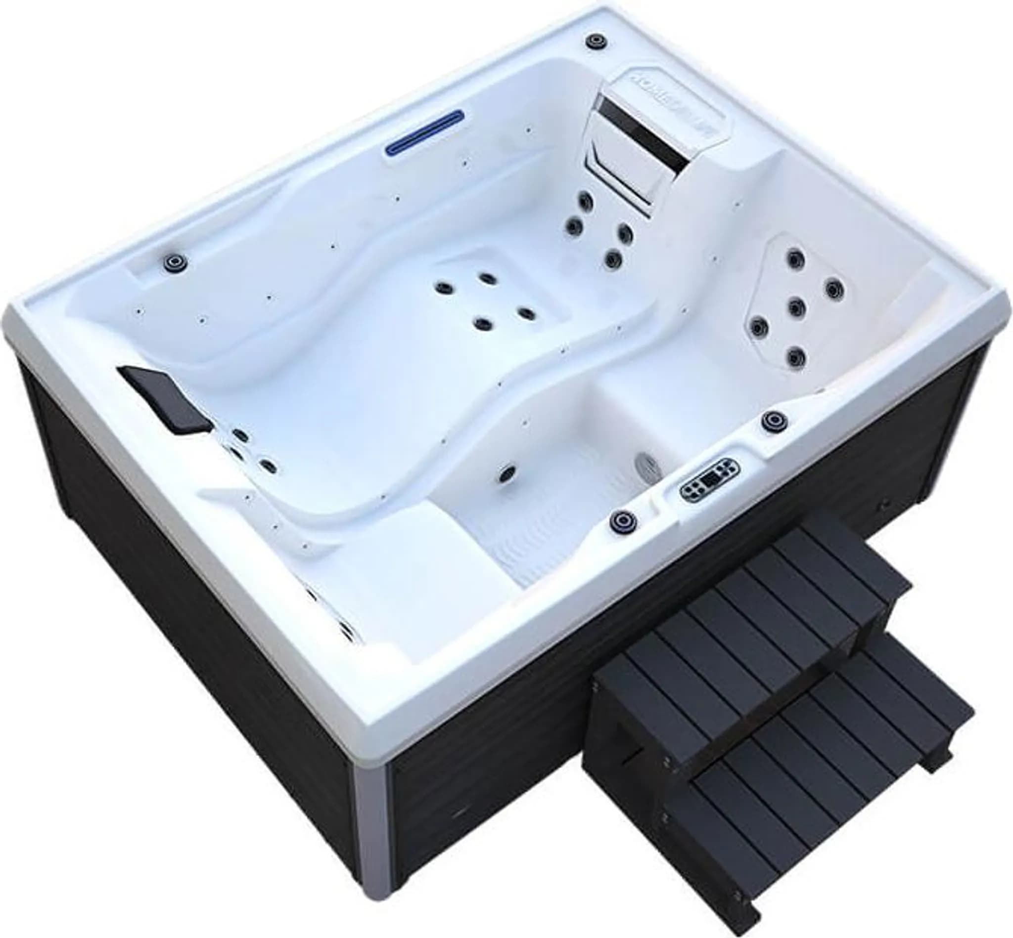 HOME DELUXE - Outdoor Whirlpool - STREAM PLUS Treppe und Thermoabdeckung - Maße: 211 x 157 x 75 cm - Inkl. Heizung, 24 Massagedüsen und 4 äußeren Lich