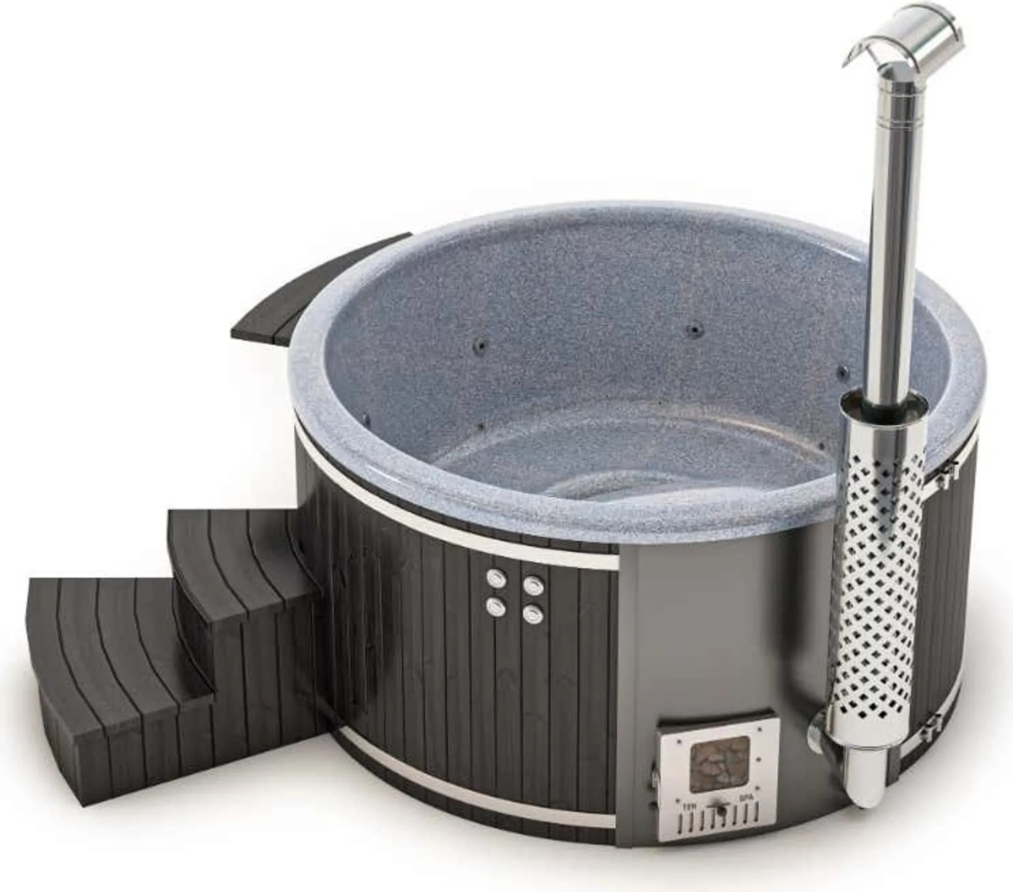 Finntherm Holz Badefass Stockholm aus Thermoholz, Whirlpool, Hot Tub Ø 200 cm, 8 Personen, inkl. Edelstahl-Ofen (30 kW), Minibar, Schwimmbecken, Badeb