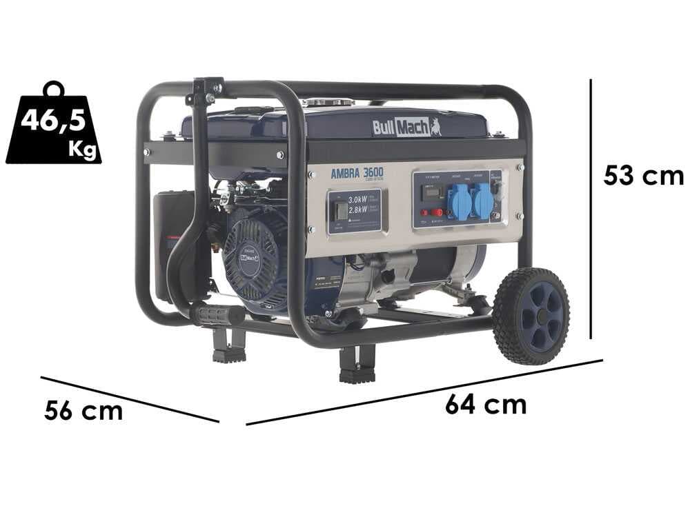 BullMach AMBRA 3600 - Benzin-Stromerzeuger mit Rädern und AVR-Regelung 3 kW - Dauerleistung 2.8 kW - 230V