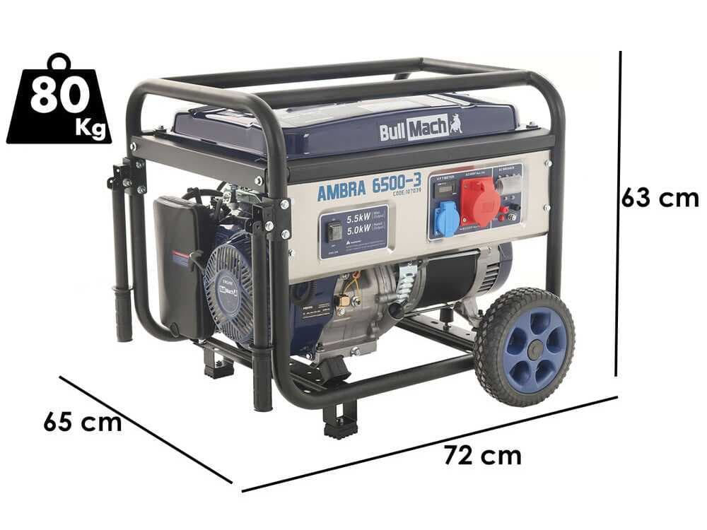 BullMach AMBRA 6500-3 - Benzin-Stromerzeuger auf Rädern mit AVR-Regelung 5.5 kW - Dauerleistung 5 kW - 400V