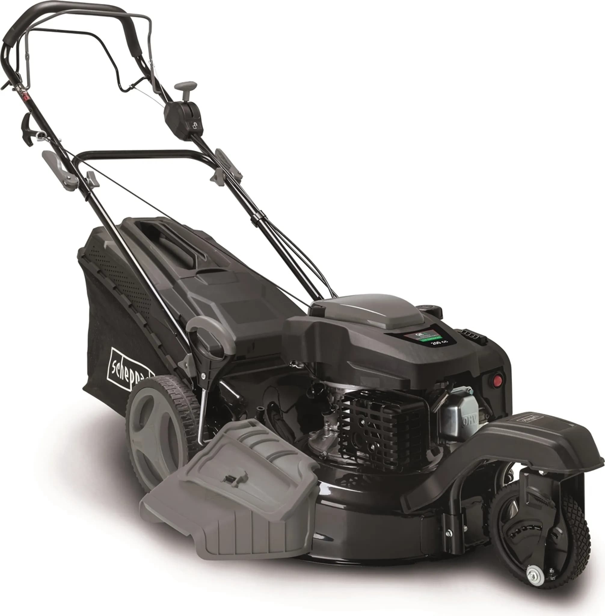 Scheppach MS197-51B Black Benzin Rasenmäher Trike mit Radantrieb | 5,2PS | 4-Takt Motor 200ccm | 51cm Schnittbreite | 65L Fangkorb | Stahlgehäuse | 7-