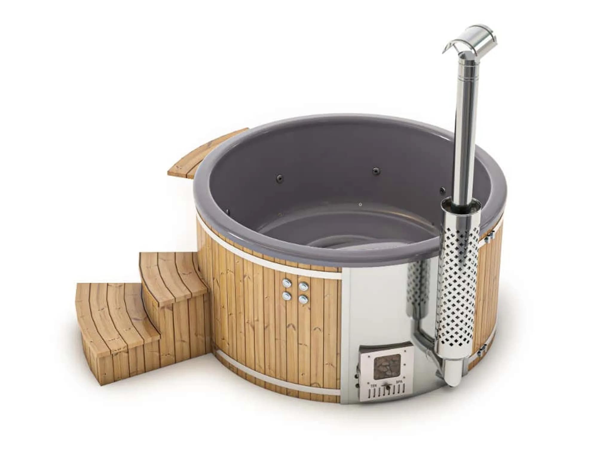 Finntherm Holz Badefass Stockholm aus Thermoholz, Whirlpool, Hot Tub Ø 180 cm, in Anthrazit, 8 Personen, inkl. Edelstahl-Ofen (30 kW), Schwimmbecken,