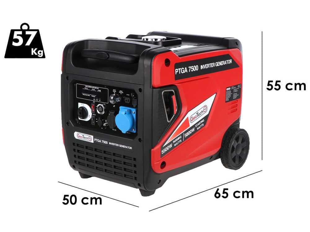 GeoTech-Pro PTGA 7500 - Leiser Inverter-Stromerzeuger mit Rädern 5,8 kw - Dauerleistung 5,5 kw - 230V + ATS