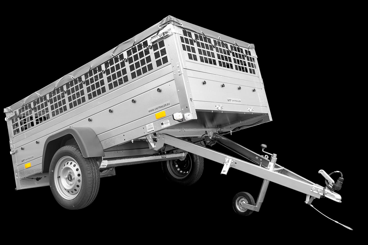 Grande remorque 230x125 avec bâche plate, ridelles grillagées, roue jockey et tiges de support bâche - Garden Trailer 230 KIPP