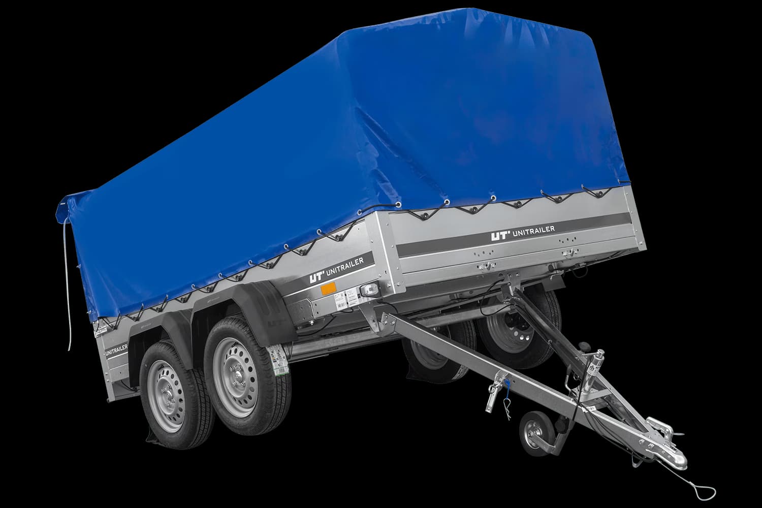 Remorque à deux essieux 264x150 UNITRAILER GARDEN 265/2 KIPP avec châssis H-800 et bâche bleue