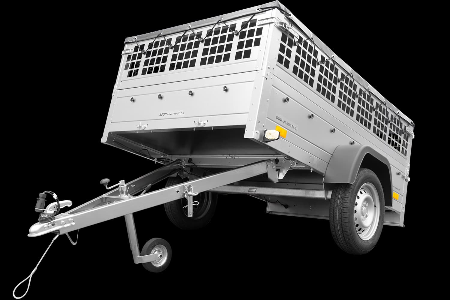 Remorque grillagée 200x125 avec bâche plate grise, tiges de support bâche, ridelles grillagées et roue jockey - Garden Trailer 201 KIPP
