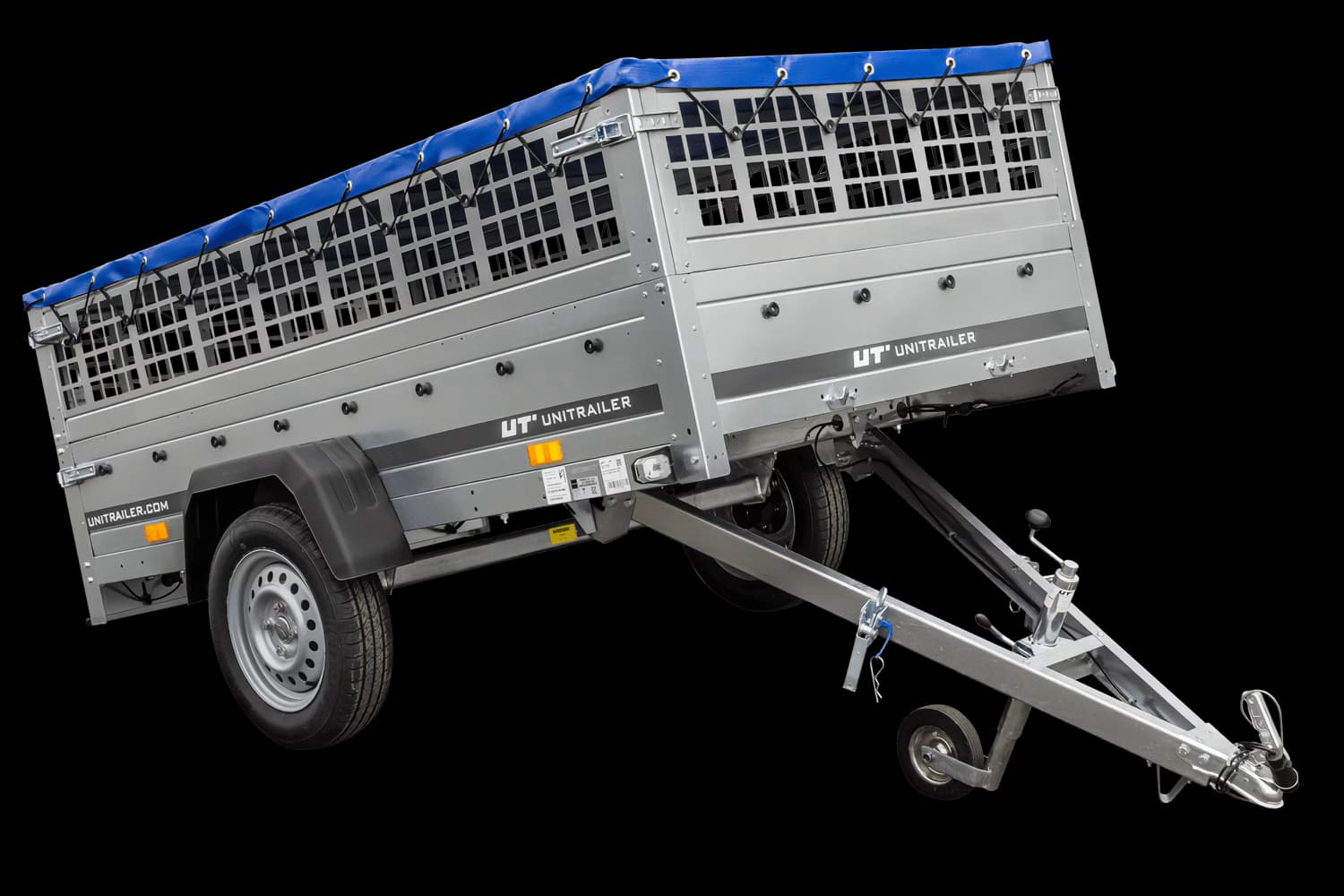 Remorque sans frein 230x125 avec bâche plate bleue, ridelles grillagées et roue jockey - Garden Trailer 230 KIPP