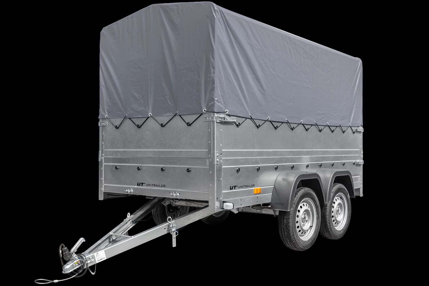 Remorque voiture 2 essieux UNITRAILER GARDEN TRAILER 264/2 KIPP avec roue jockey, côtés ridelles supplémentaires, châssis h-800 et bâche grise