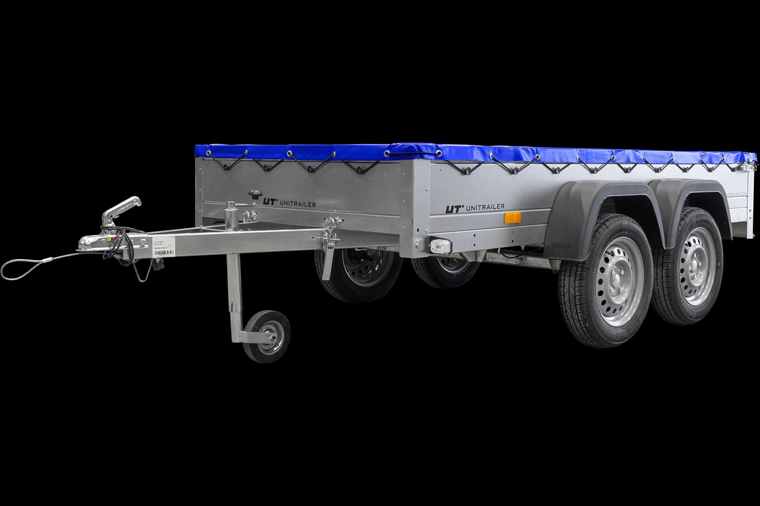 UNITRAILER 264/2 KIPP AVEC ROUE JOCKEY, TIGES DE SUPPORT ET BÂCHE PLATE BLEUE