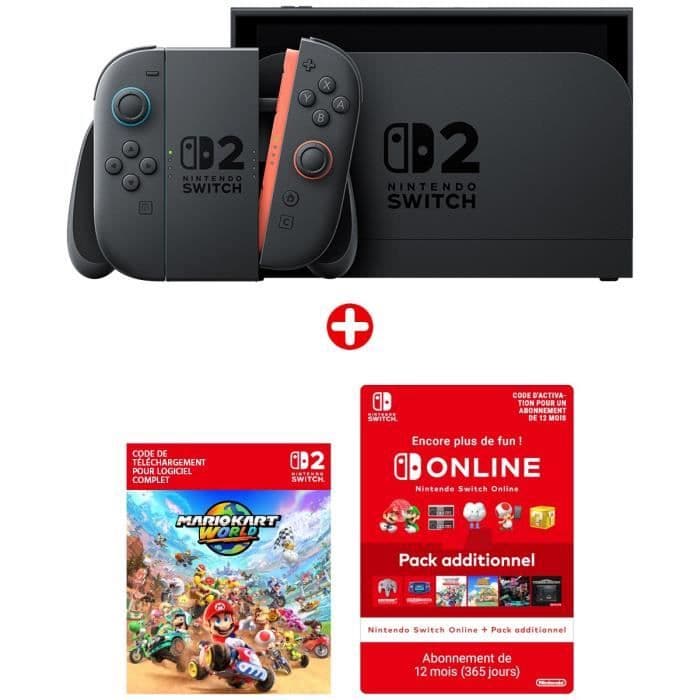 Pack Nintendo : Console Nintendo Switch 2 + Mario Kart World (Code) + Abonnement de 12 mois au service Nintendo Switch Online + Pack