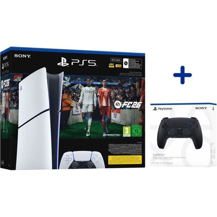 Pack PS5 Digital : Console PlayStation 5 (modèle Slim) + FC26 (code dans la boite) + 2ème manette DualSense Noire