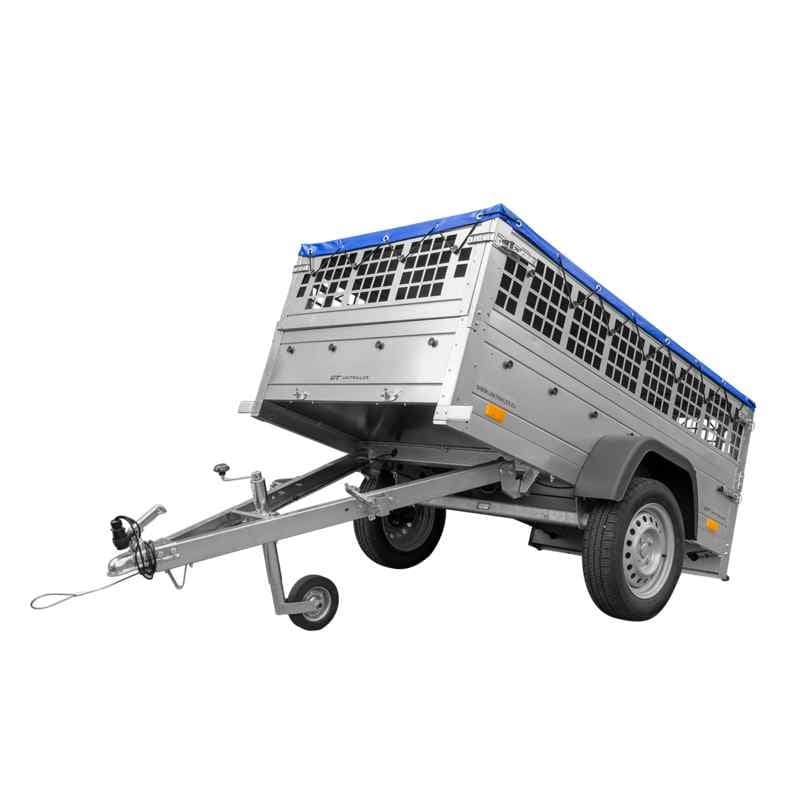 Remorque avec ridelle grillagée UNITRAILER Garden Trailer 200 KIPP 200x106 avec bâche plate grise, ridelles grillagées et roue jockey