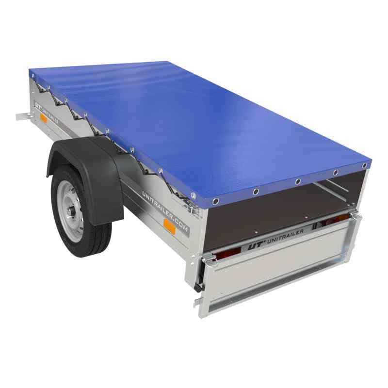 Remorque de voiture Garden Trailer 200 Kipp avec roue jockey, chĂąssis H-0 et bĂąche plate bleue